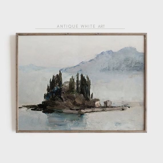 Mystery Island Lake Mountain Landscape Painting Lake House Wall Art Cabin Farmhouse Decor Nature Scenery A129