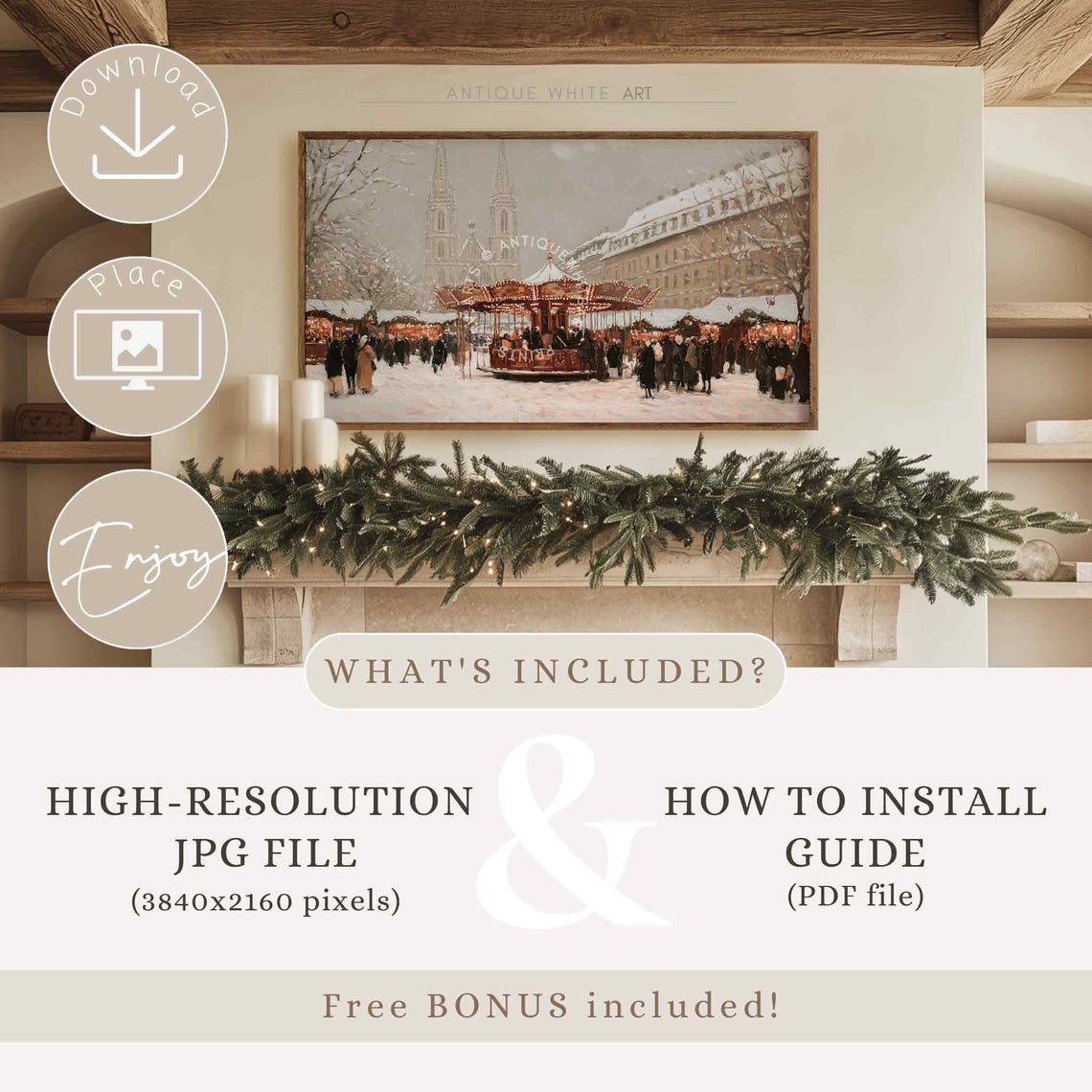 European Christmas Market Carousel With Cathedral Snowy Scene Poster - Image 3