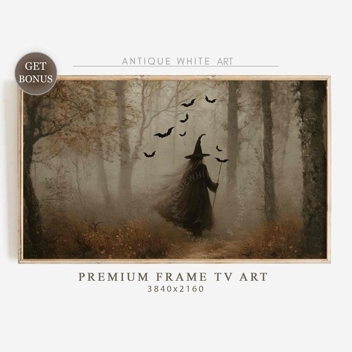 Witch Walking Through Misty Forest With Bats Moody Vintage Halloween Art Poster