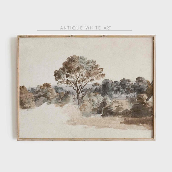 Muted Landscape Painting Soft Neutral Tonal Print Vintage Wall Art Moody Watercolor Warm Tone Landscape A116
