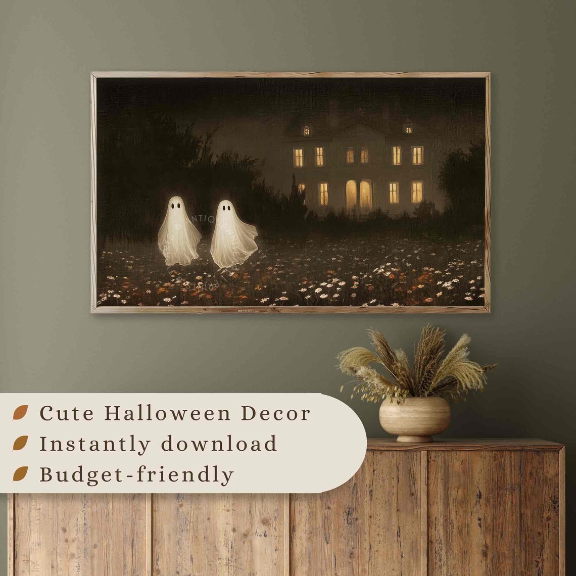 Two Ghosts Before Glowing Manor At Night In Wildflower Field Spooky Poster - Image 4