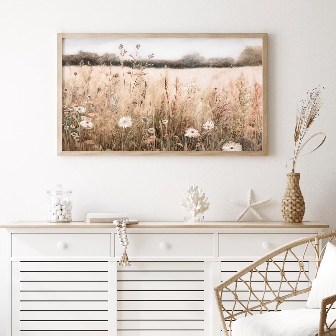 Wildflower Meadow Warm Tone Field Landscape Art Print - Image 4