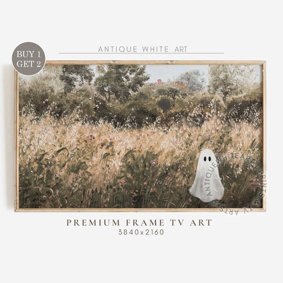Cute Ghost in Autumn Landscape, Halloween Art Print