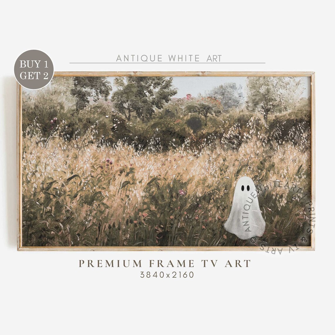 Cute Ghost in Autumn Landscape, Halloween Art Print