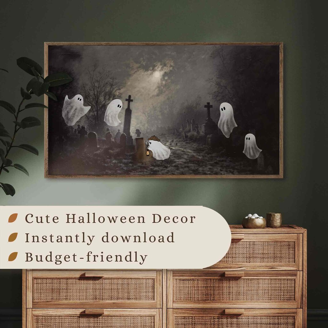 Spooky Graveyard Ghosts Haunted Cemetery Night Halloween Frame Tv Art Poster - Image 3