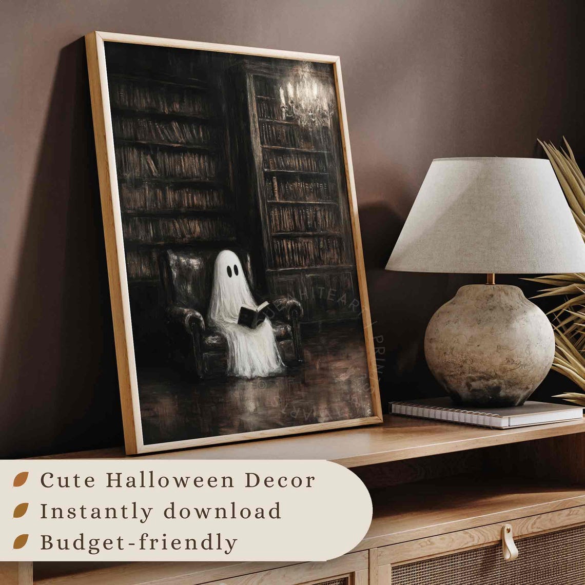 Ghost Reading Book Dark Vintage Library Spooky Cute Halloween Poster - Image 2