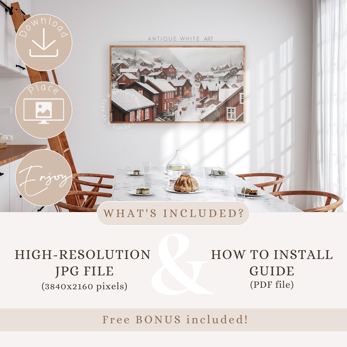 Frame Tv Art Snowy Winter Village Muted Painting For Tv Farmhouse Christmas Frame Tv Art Holiday Art For Tv Home Decor Wa4 - Image 4