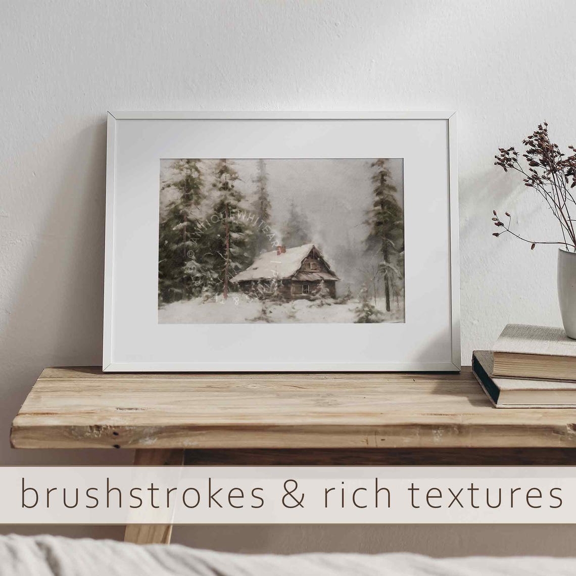 Cozy Rustic Log Cabin In Misty Snowy Pine Forest Winter Wall Art - Image 2