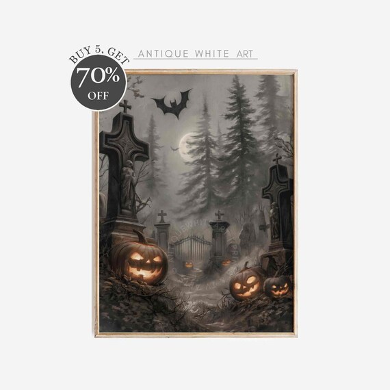 Spooky Halloween Cemetery Jack-O-Lanterns Full Moon Bat Dark Art Poster