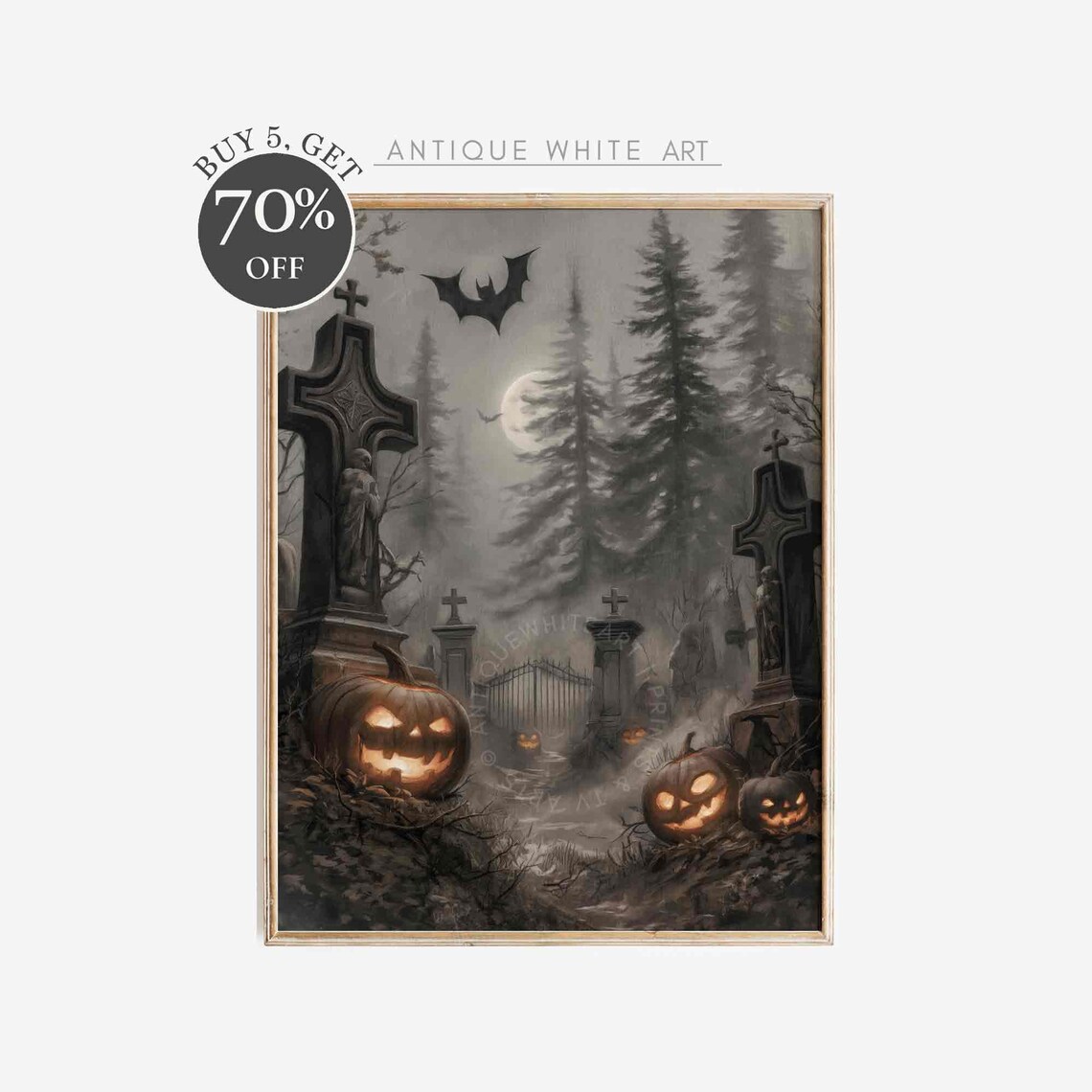 Spooky Halloween Cemetery Jack-O-Lanterns Full Moon Bat Dark Art Poster