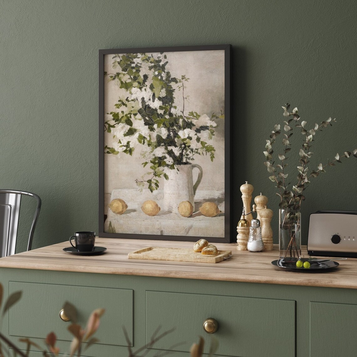 Vintage Kitchen Still Life Painting, Neutral Flowers Art Print - Image 4