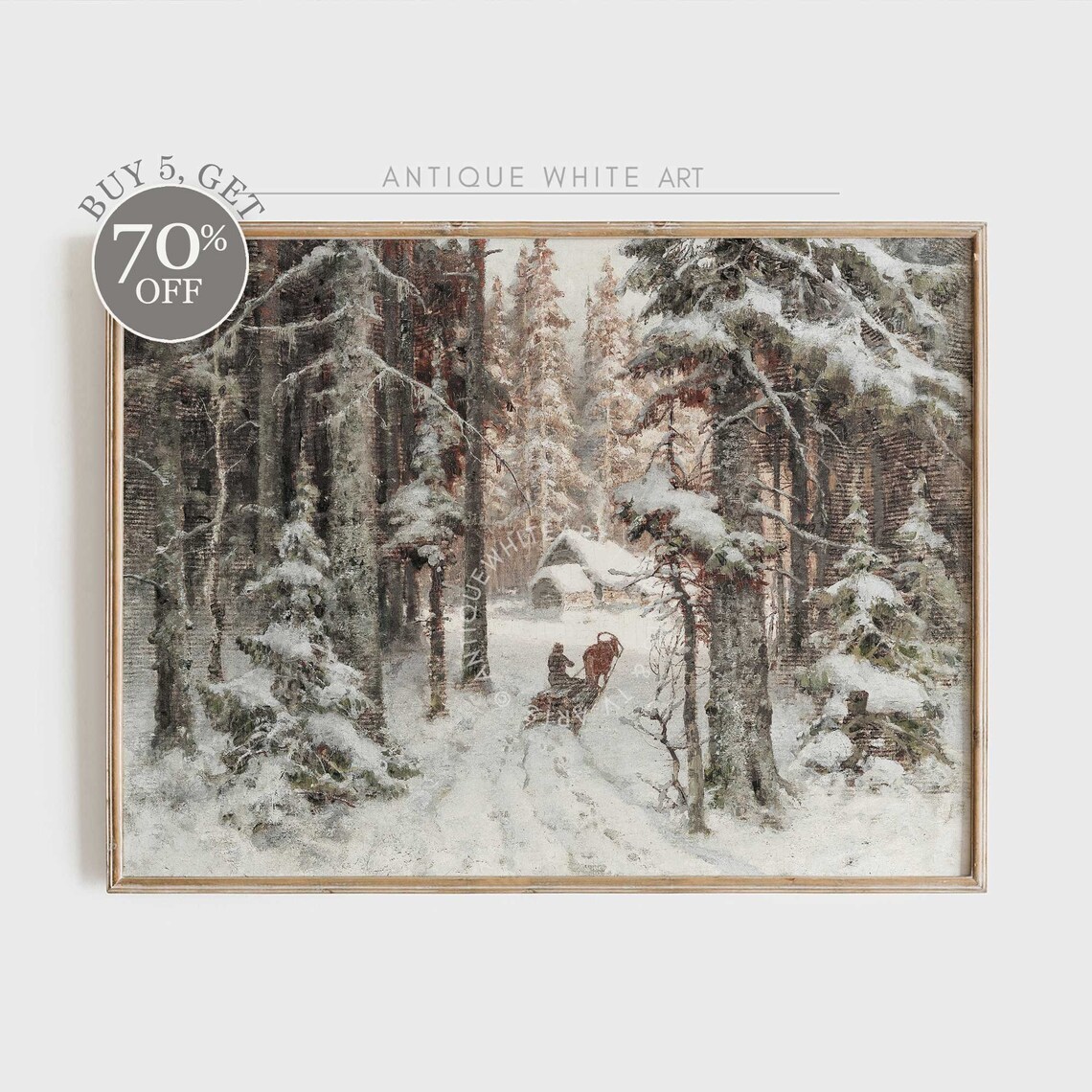 Vintage Winter Print, Rustic Snowy Forest Landscape
