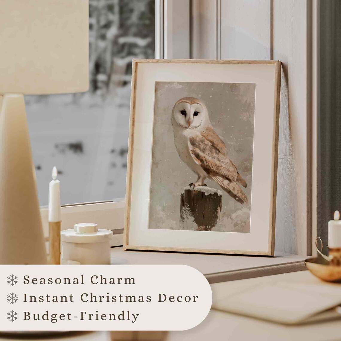 Barn Owl Perched On Snowy Post Neutral Winter Painting Wall Art - Image 3