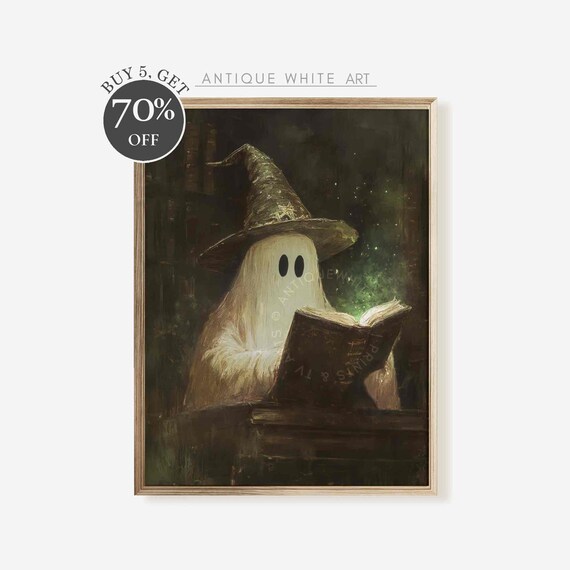 Cute Ghost Witch Hat Reading Spellbook Dark Magic Halloween Art Poster