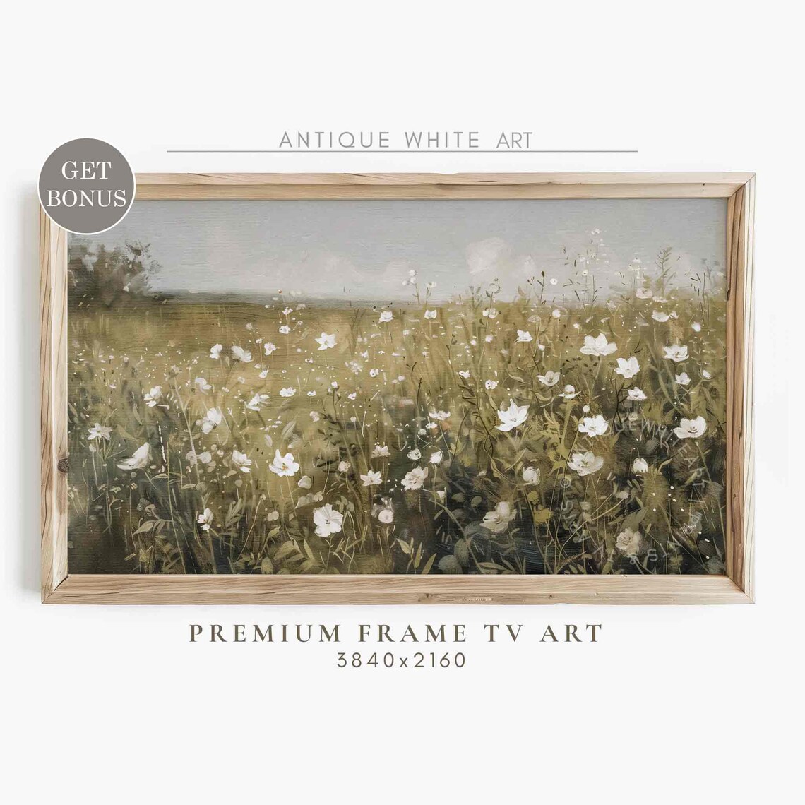 White Wildflower Field Tall Grass Warm Tone Oil Art Wall TV Poster