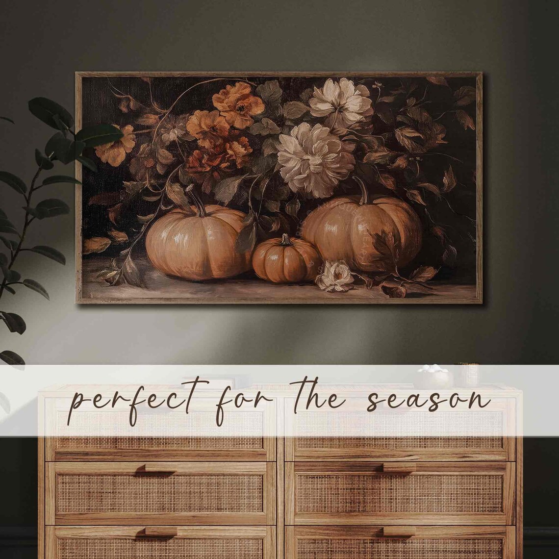 Moody Pumpkins Dark Fall Flowers Still Life Vintage Frame Tv Art Poster - Image 4
