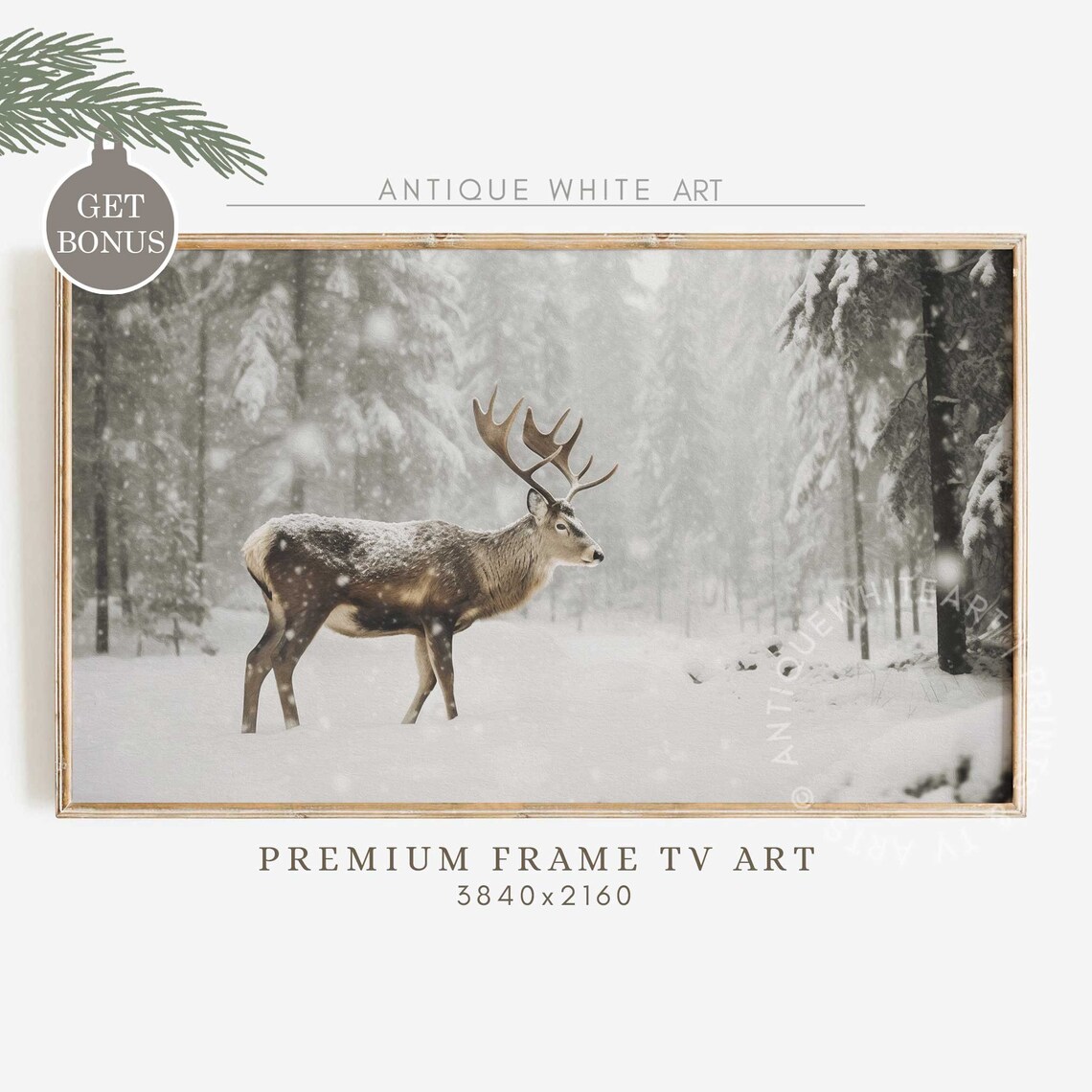 Deer in Snowy Winter Landscape Christmas Art Print