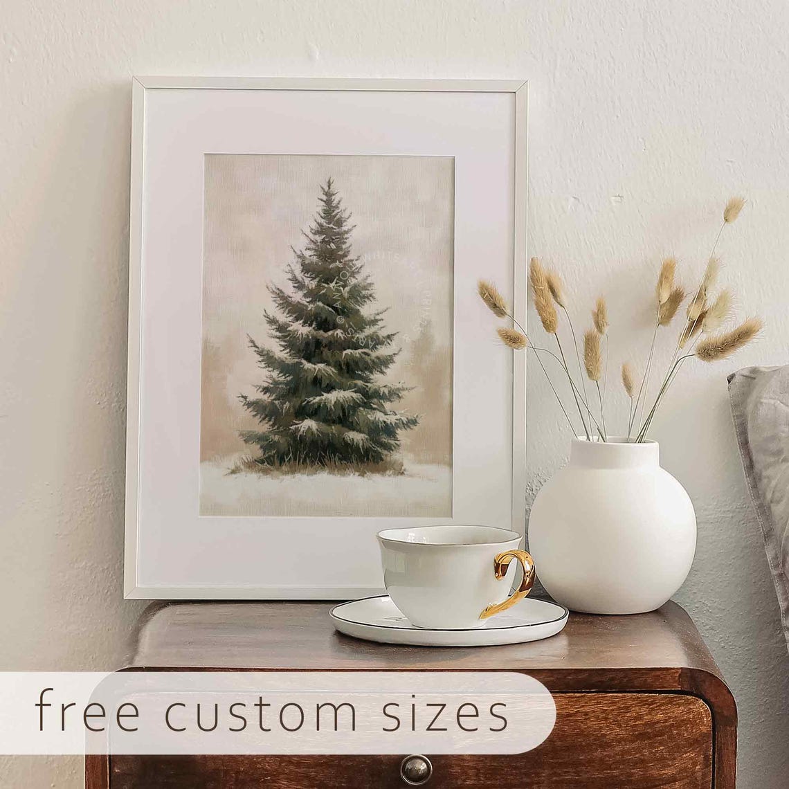 Single Snow Dusted Evergreen Tree Minimalist Neutral Wall Art - Image 3