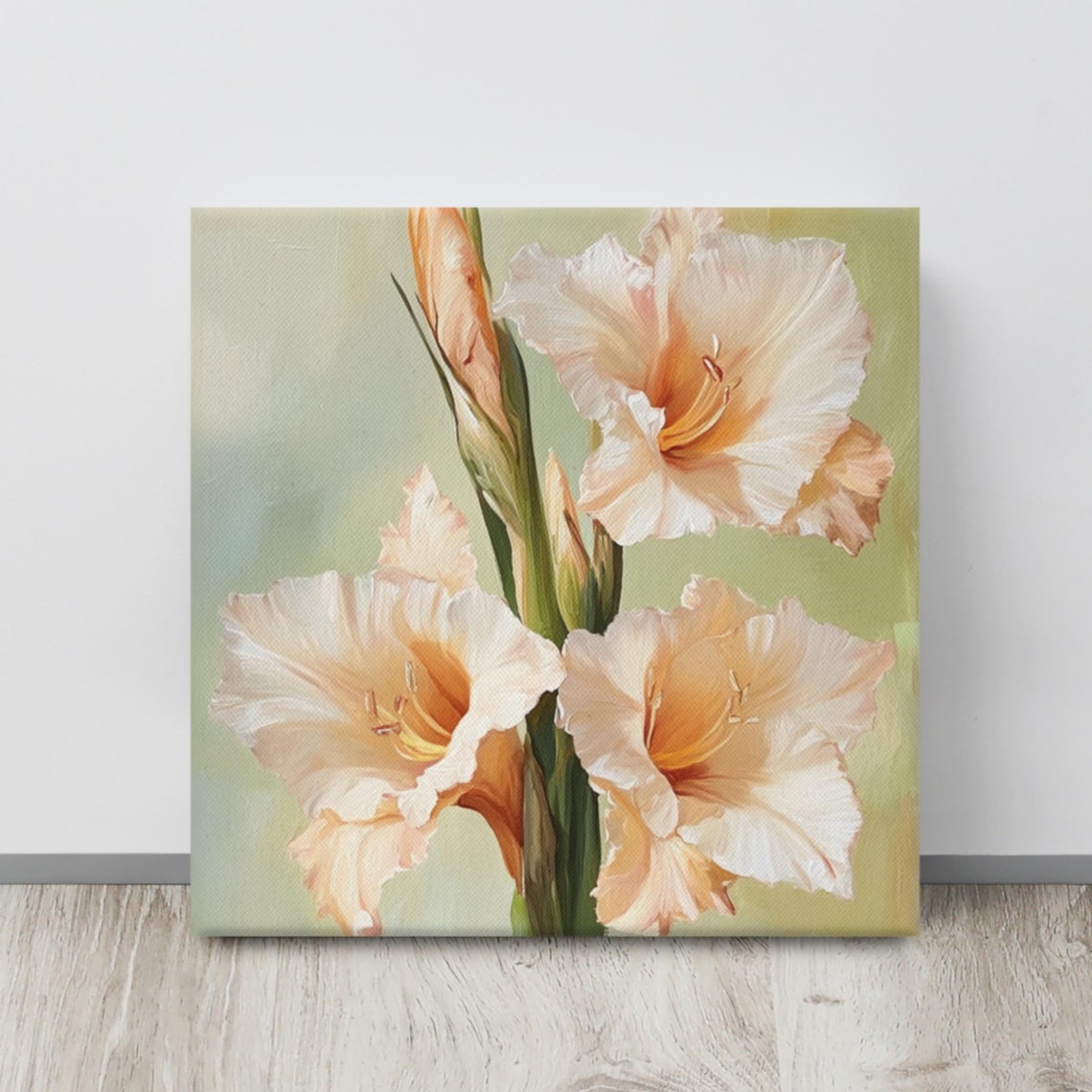 Peach Gladiolus Blooms Tall Spike Sage Green Floral Painting Print