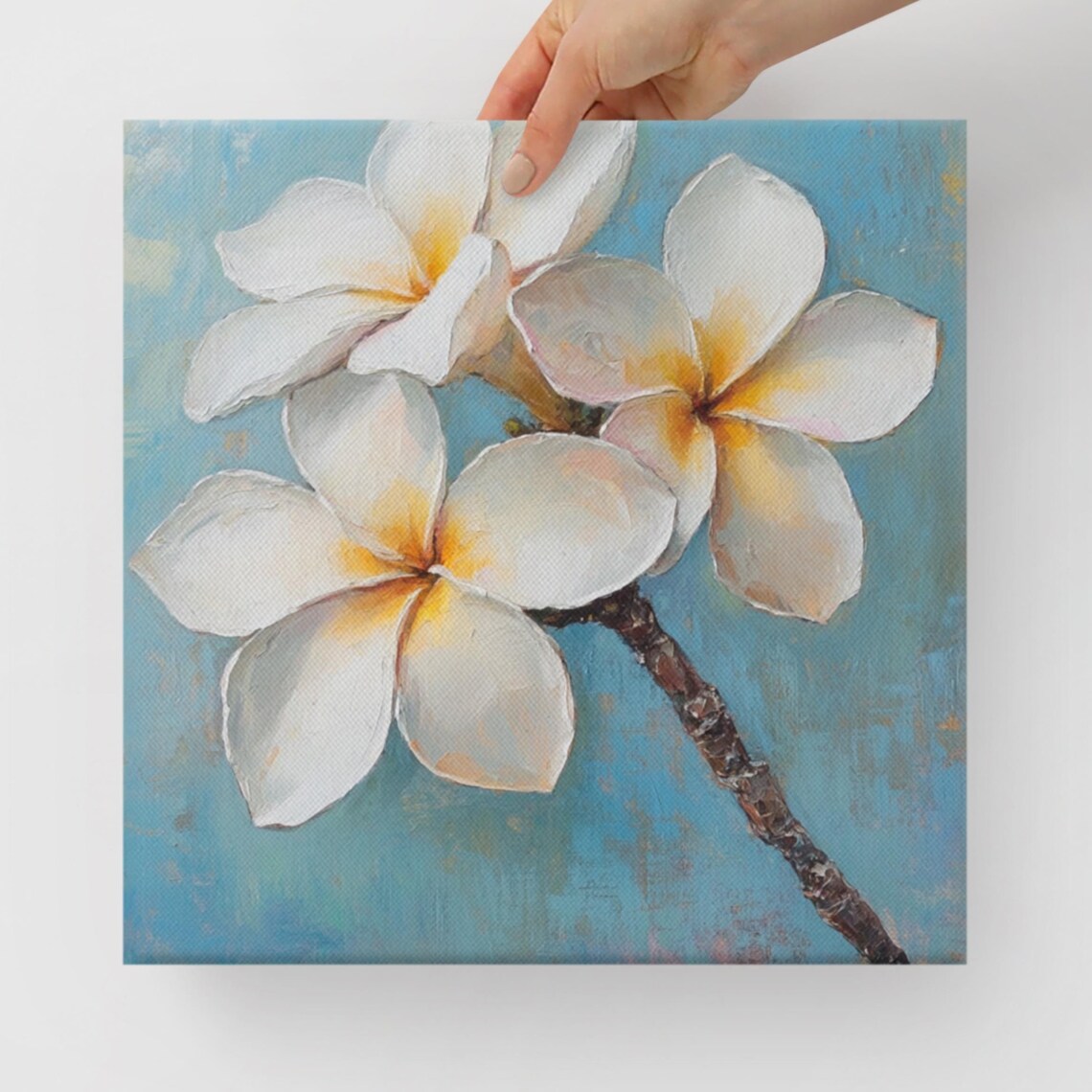 White Plumeria Golden Centers Turquoise Blue Tropical Coastal Poster