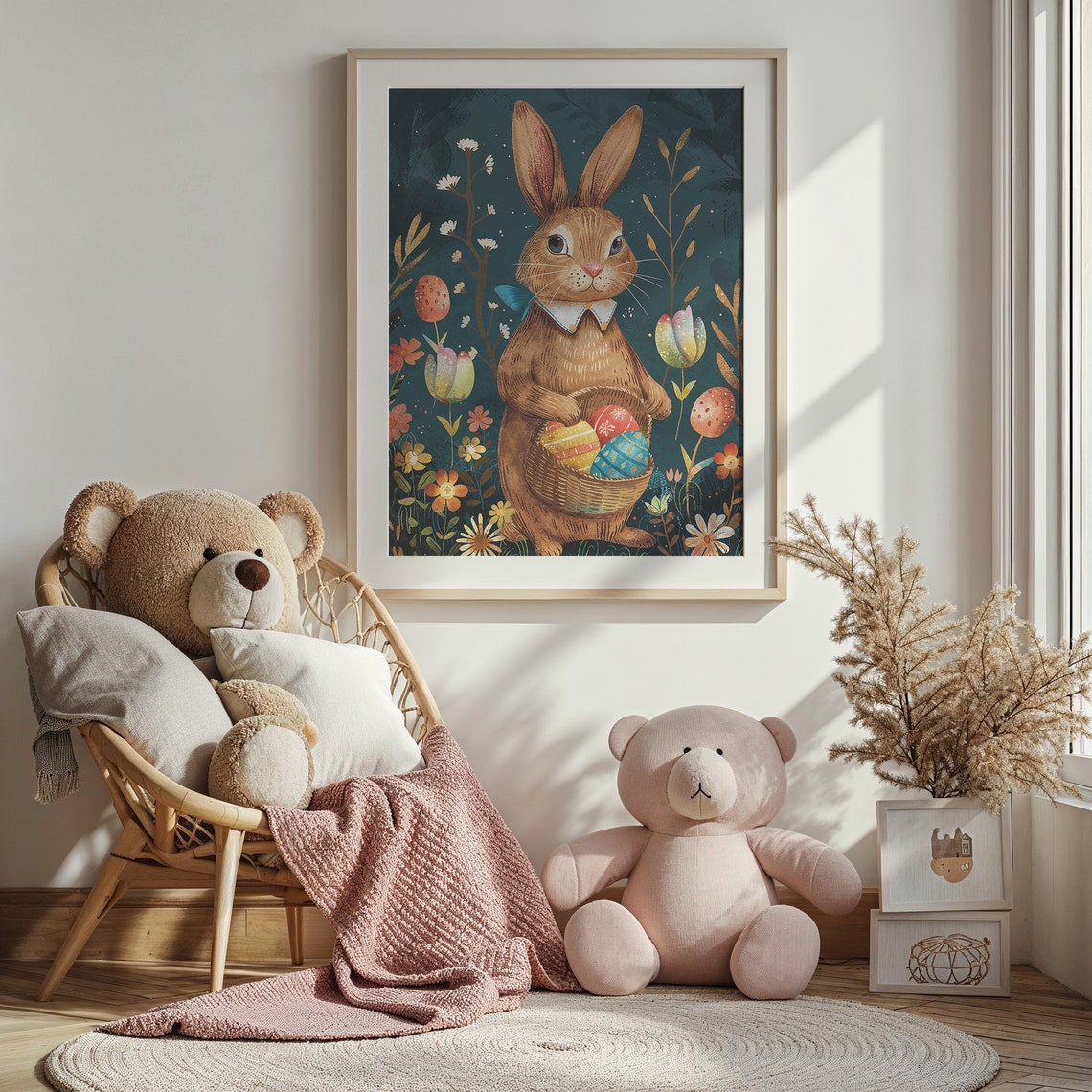 Brown Bunny Ribbon Collar Egg Basket Dark Floral Storybook Poster - Image 3