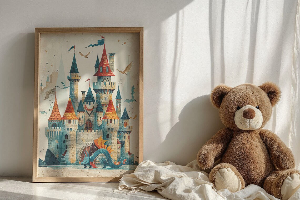 Fantasy Castle and Dragon, Nursery Wall Art Print - Image 3