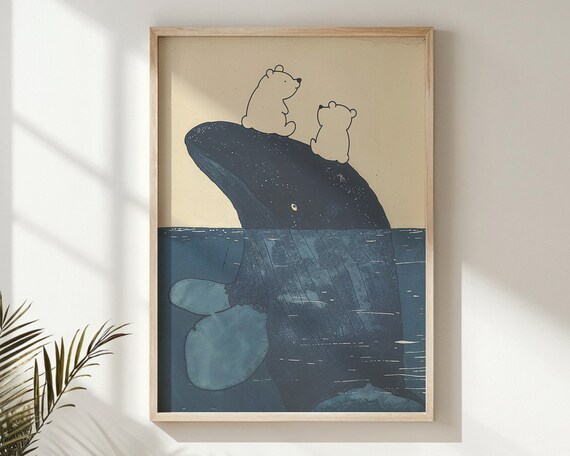 Polar Bear Cubs Riding Breaching Whale Ocean Split View Kids Poster