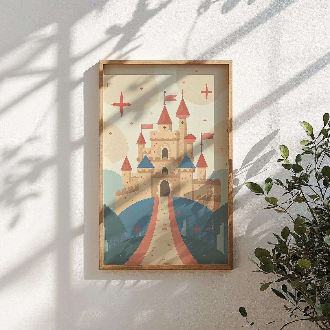 Fairytale Castle Red Blue Spires Coral Road Muted Retro Kids Poster - Image 4