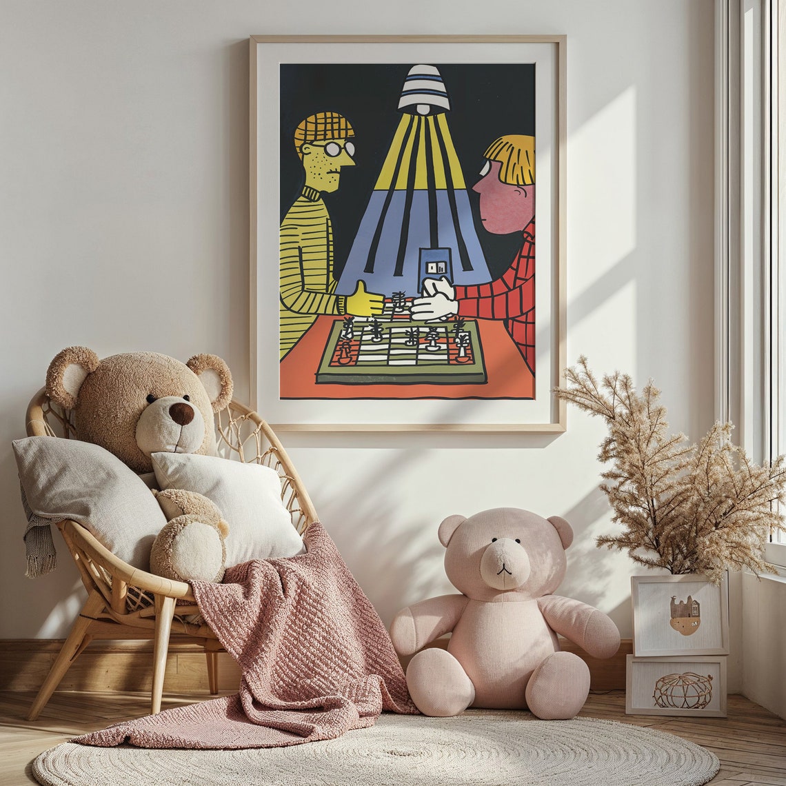 Chess Players Under Lamplight Retro Cartoon Game Night Wall Poster - Image 4