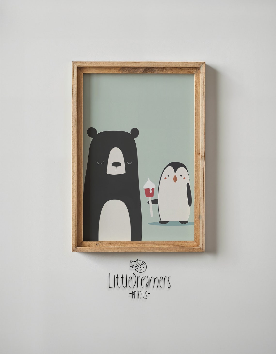 Bear Penguin Friends Red Ice Cream Mint Background Kids Wall Poster - Image 4