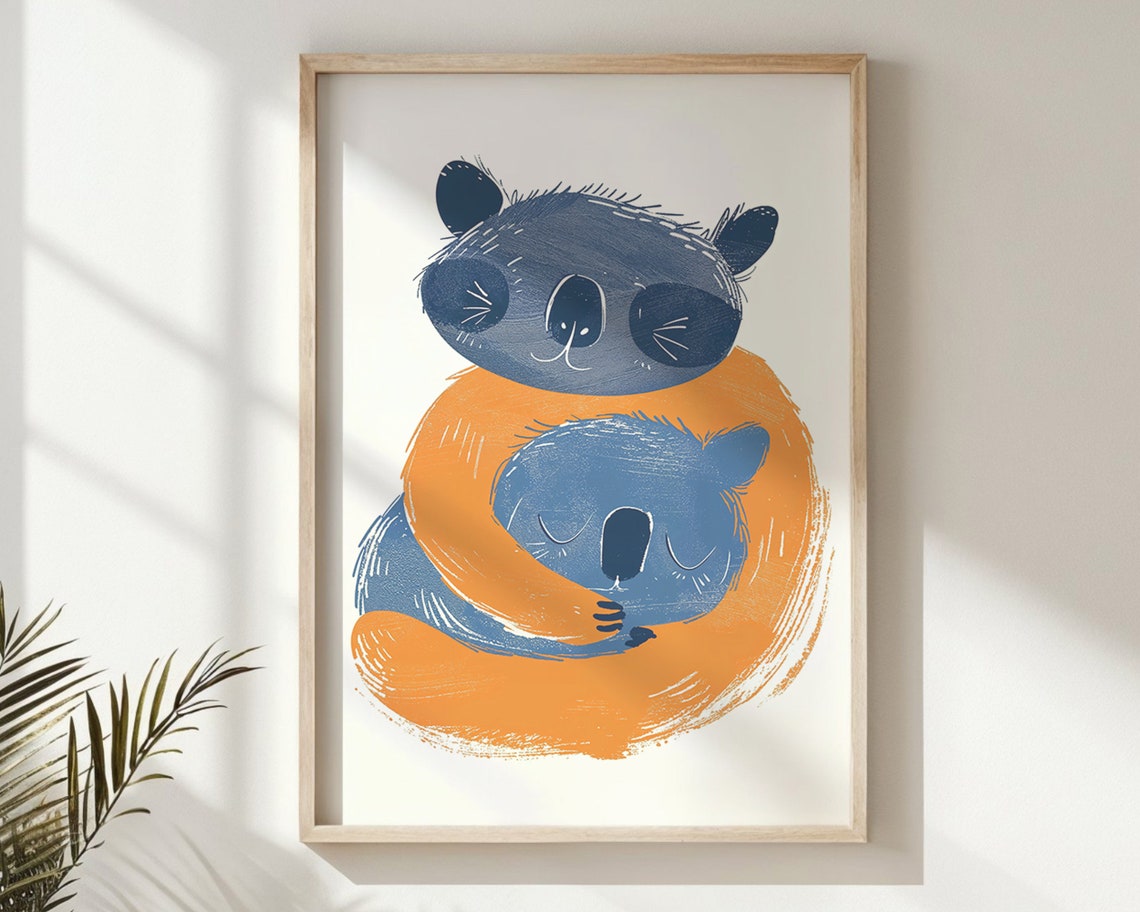 Hugging Koala Pair Navy Orange Sweet Baby Animals Nursery Wall Poster
