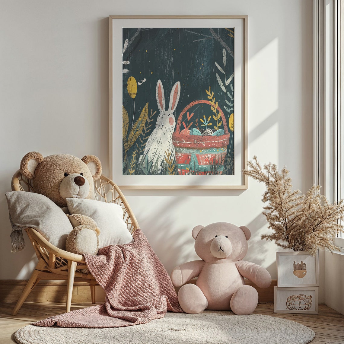 White Bunny Red Easter Basket Dark Forest Golden Leaves Poster - Image 3