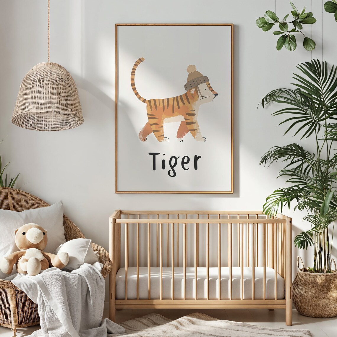 Tiger Wearing Pom Beanie Hat White Kids Nursery Bedroom Art Poster - Image 2