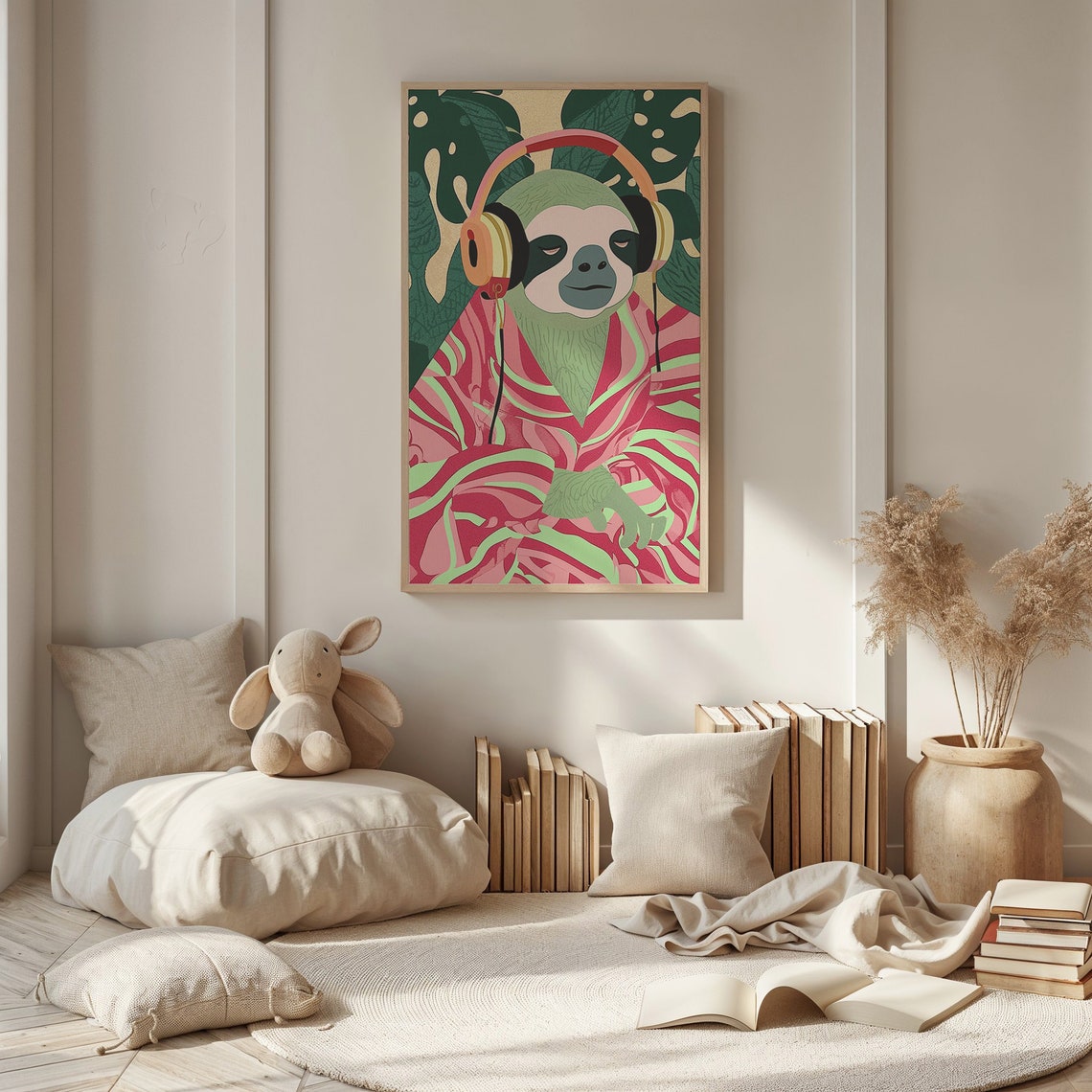 Chill Sloth Wearing Headphones Retro Tropical Jungle Music Art Print - Image 3