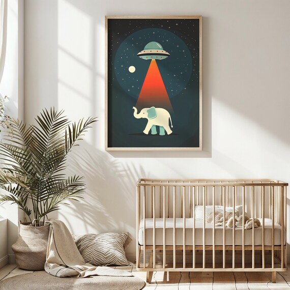 Cute Elephant UFO Abduction Red Beam Retro Space Kids Wall Art Poster