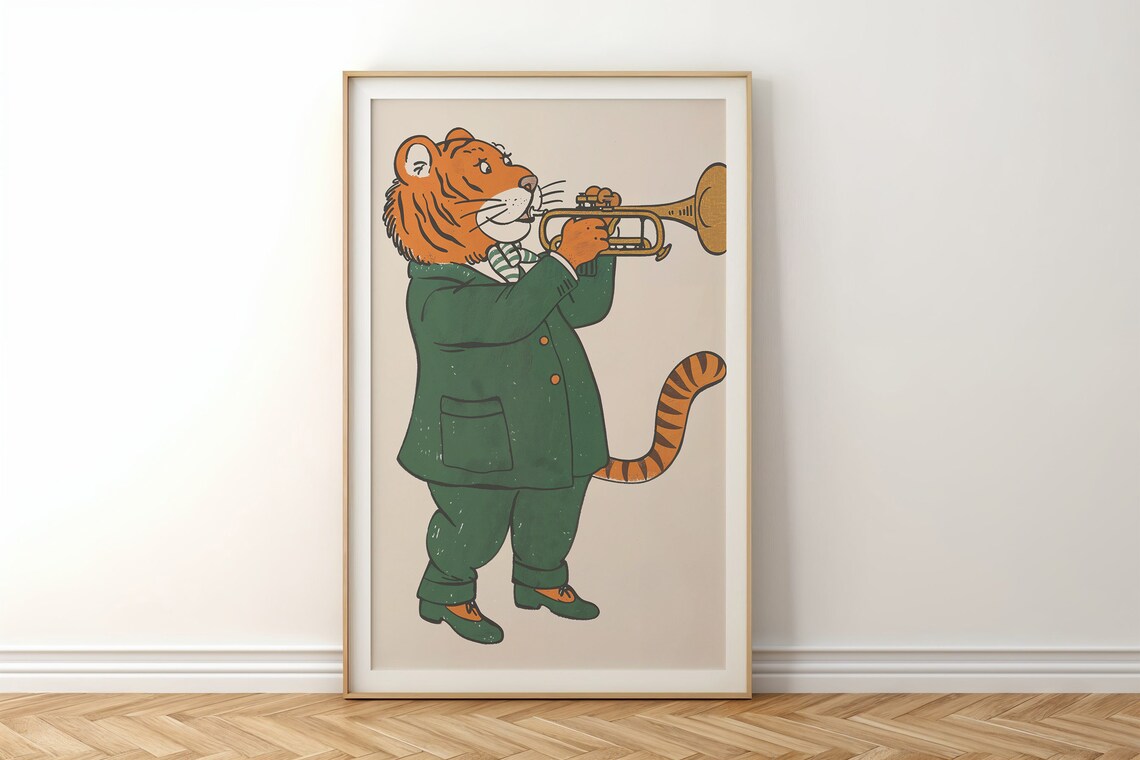 Tiger Playing Gold Trumpet Green Suit Scarf Kids Music Wall Poster - Image 5