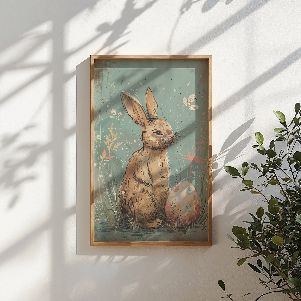 Brown Bunny With Decorated Easter Egg Vintage Style Spring Art Print - Image 5