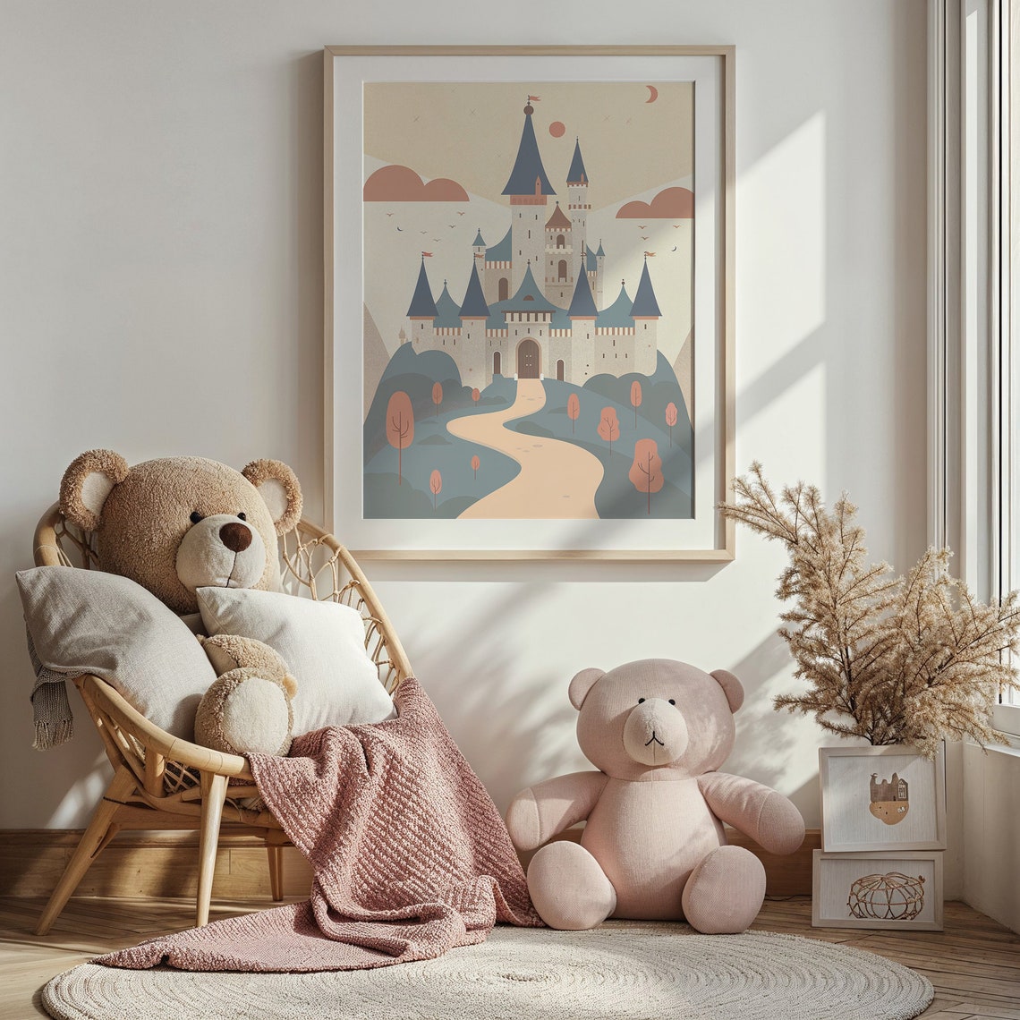 Enchanted Castle On Hill Pink Trees Winding Path Neutral Kids Poster - Image 5