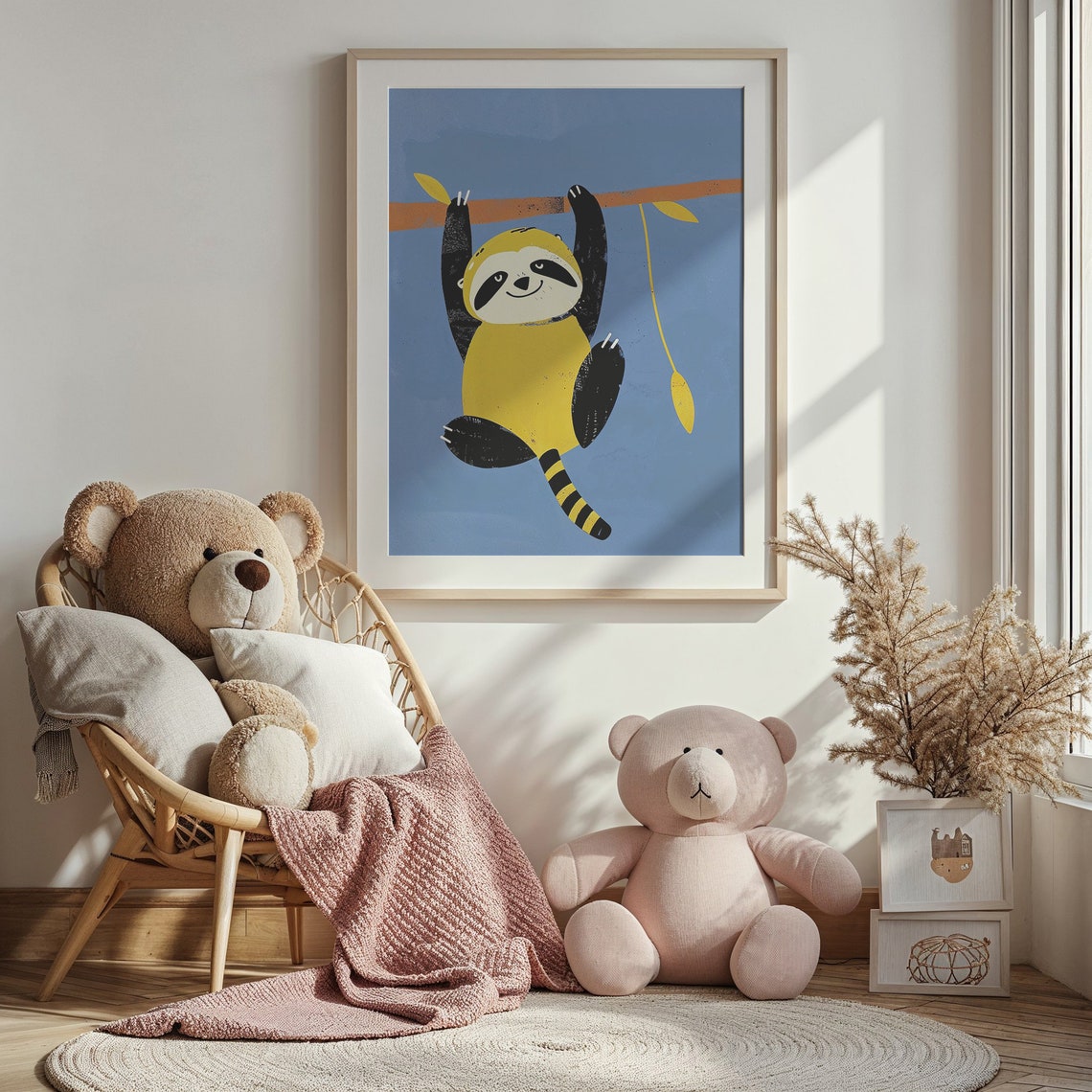 Cute Sloth Hanging From Branch Cartoon Nursery Kids Room Animal Poster - Image 3