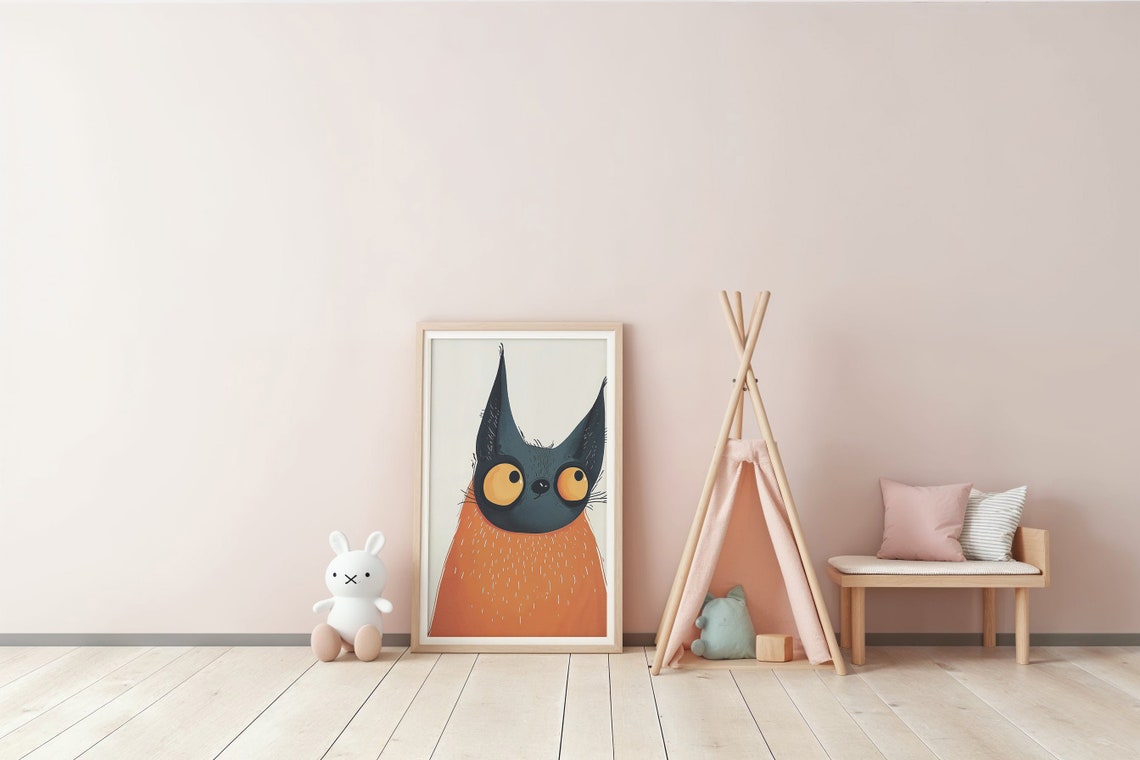 Quirky Black Cat With Big Yellow Eyes Cute Orange Body Art Print - Image 3