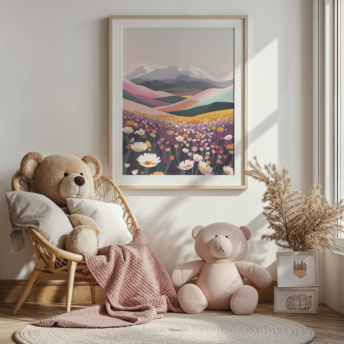 Pastel Wildflower Field Layered Mountains Landscape Art Wall Poster - Image 4