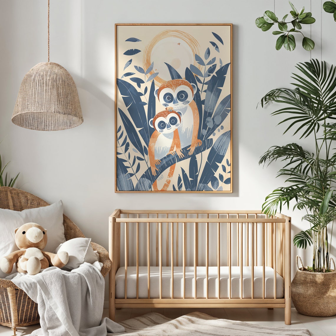 Two Monkeys Branch Nursery Poster Jungle Leaves Sun Kids Room Art - Image 3