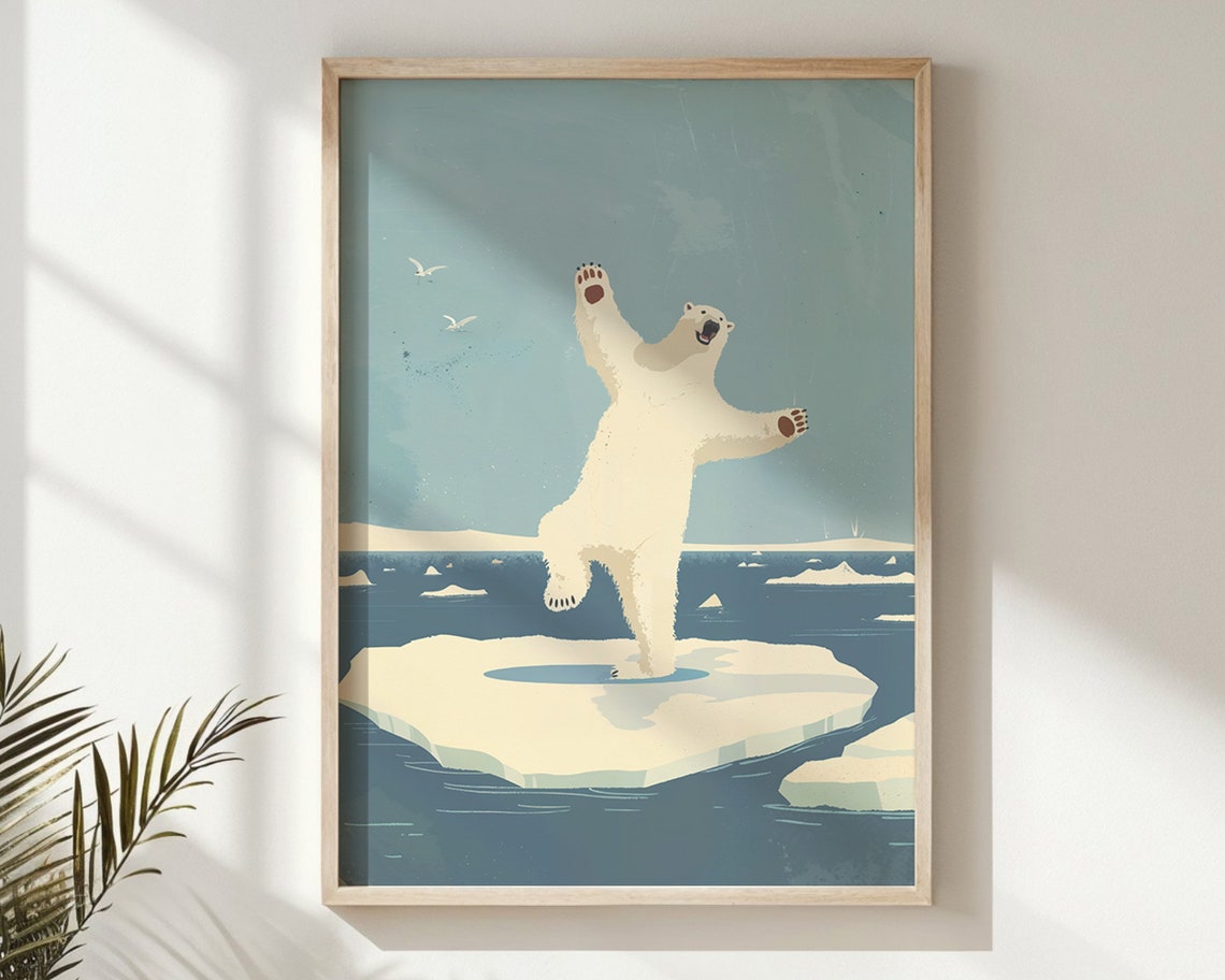 Polar Bear Standing Ice Floe Arctic Ocean Blue Retro Nursery Poster