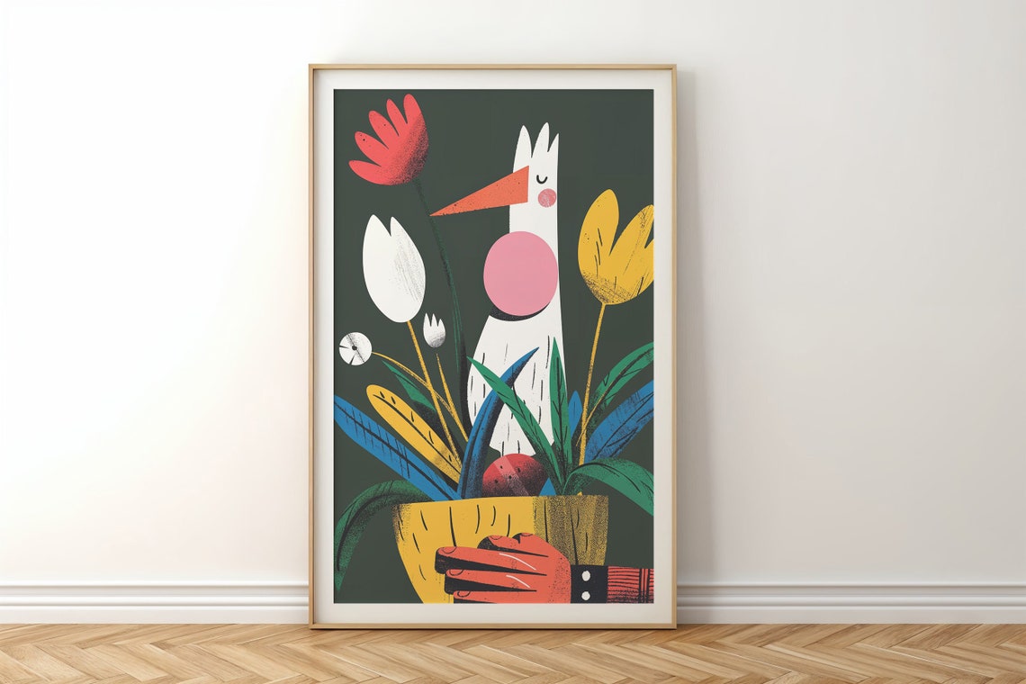 Whimsical Long Beak Bird Flower Pot Bold Botanical Pop Art Poster - Image 4