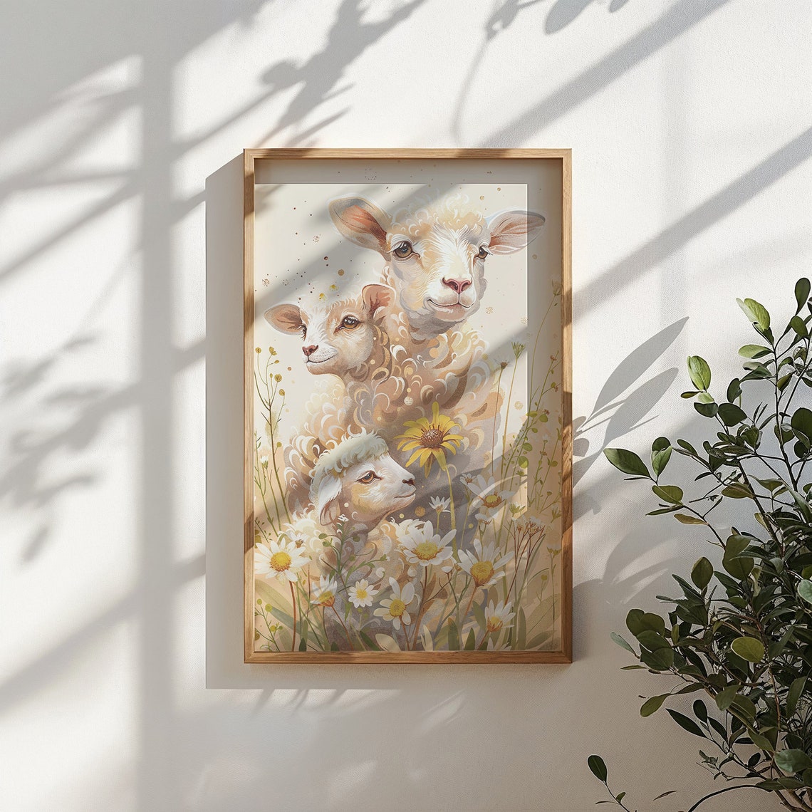 Mother Sheep And Two Lambs Daisy Meadow Watercolor Nursery Poster - Image 6