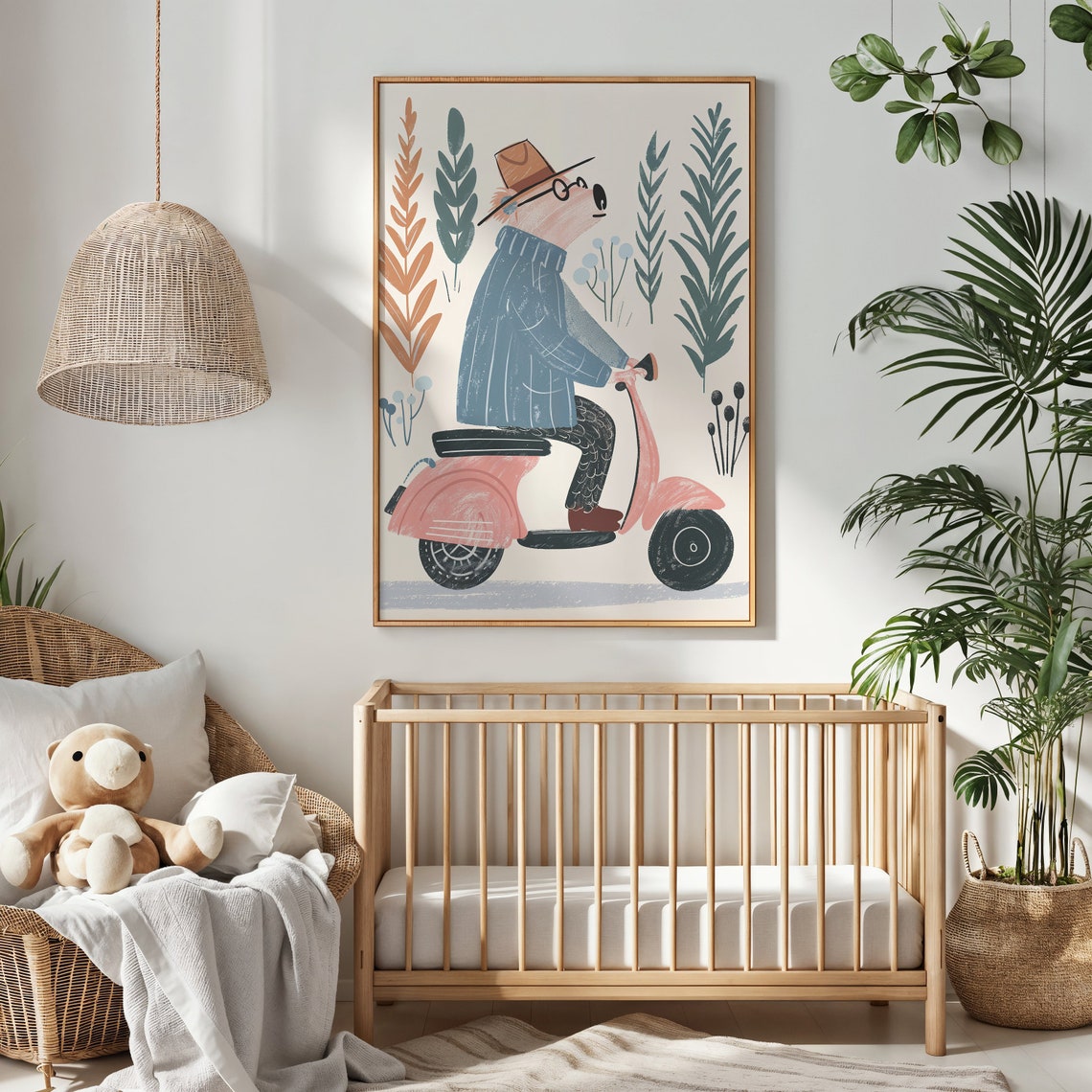 Bear Riding Pink Scooter Nursery Poster Hat Glasses Playful Kids Art - Image 3