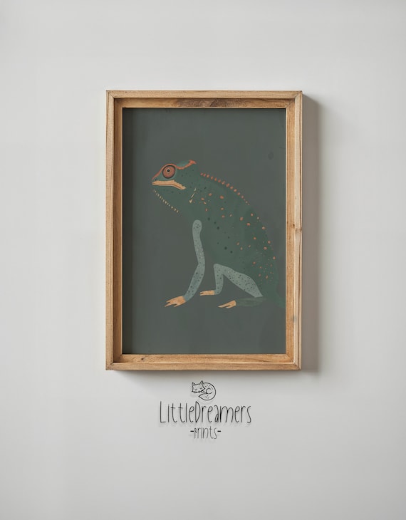 Chameleon With Orange Spots On Forest Green Kids Reptile Art Poster