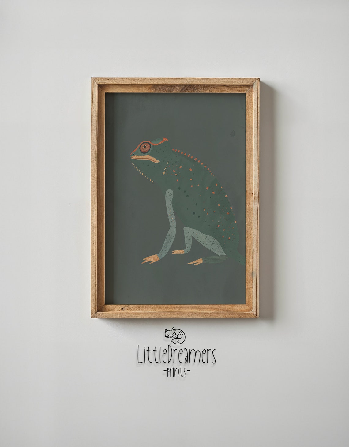Chameleon With Orange Spots On Forest Green Kids Reptile Art Poster