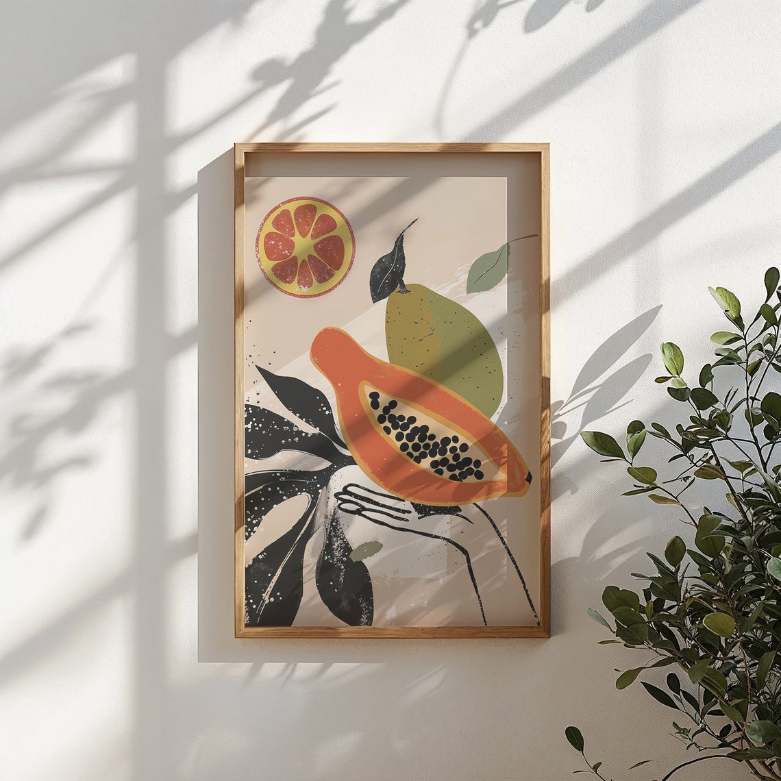 Hand Holding Papaya Blood Orange Monstera Modern Tropical Art Print - Image 4