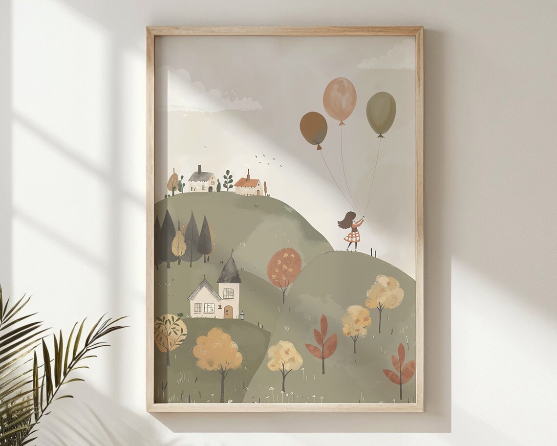 Girl With Balloons Autumn Hills Cottages Kids Room Wall Art Poster